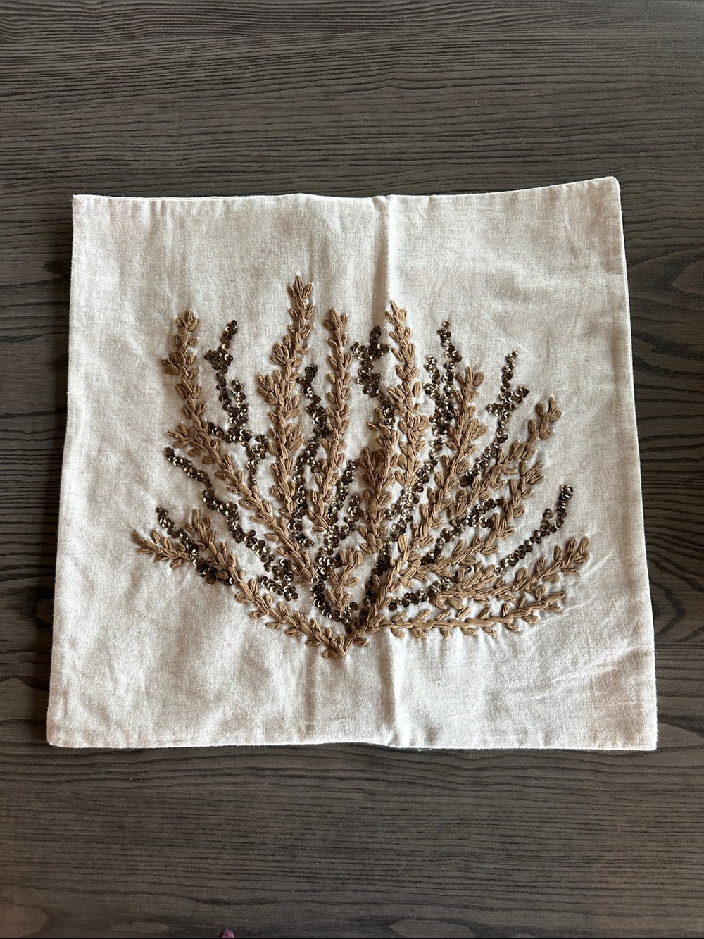 Pottery Barn Embroidered Linen Decorative 18” Pillow Cover Beige Branch Design